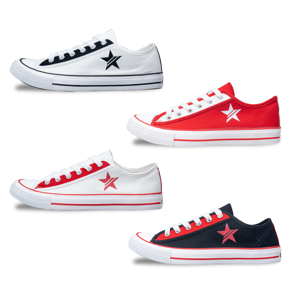 รองเท้าผ้าใบแฟชั่นผูกเชือก รุ่น NO030 โชว์หน้าผ้าใบคอตตอน โลโก้ลายดาวด้านข้าง และเส้นคาดขอบยาง มุมมองด้านข้าง