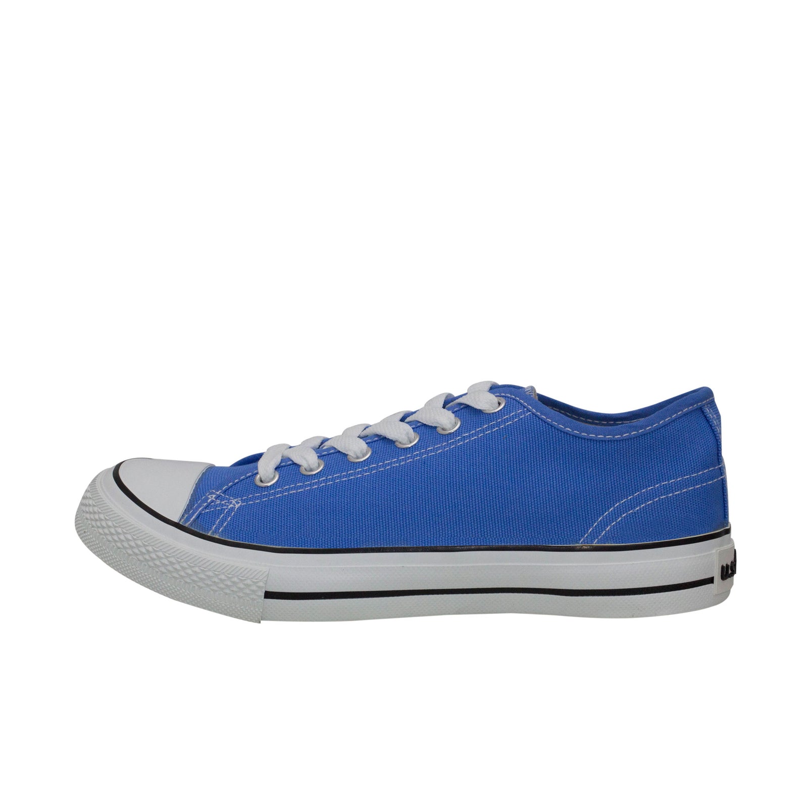 รองเท้าผ้าใบแฟชั่น รุ่น 1207 สีฟ้าคราม โชว์หน้าผ้าแคนวาสและเส้นคาดขอบยางสุดคลาสสิก มุมมองด้านข้าง