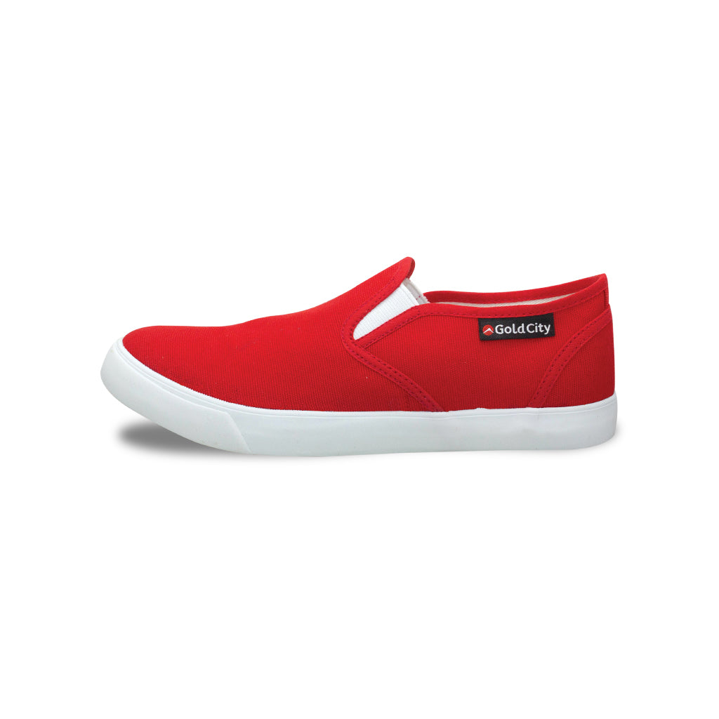 รองเท้าผ้าใบสลิปออน รุ่น 1271 สีแดง โชว์หน้าผ้าใบคอตตอนและทรงรองเท้าอเนกประสงค์แมทช์ง่าย มุมมองด้านข้าง