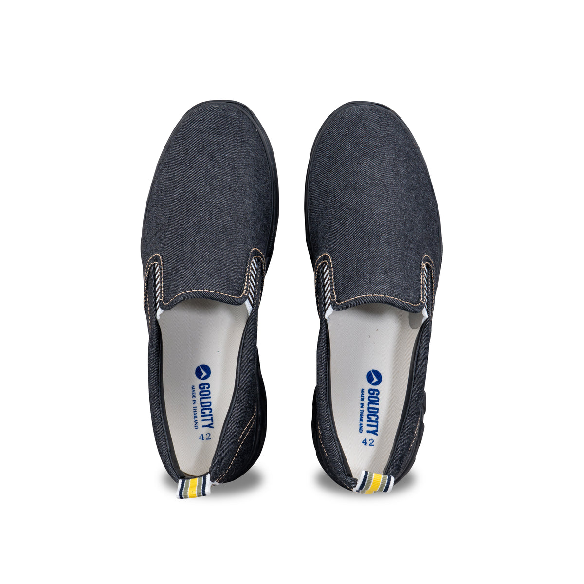 รองเท้าผ้าใบ รองเท้าผ้าใบสลิปออนผู้ชายสีดำ ลายยีนส์สุดชิค น้ำหนักเบา พื้นยางพาราแท้ ร้อยปุ่ม ไม่ลื่น