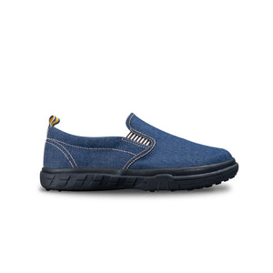 รองเท้าผ้าใบ รองเท้าผ้าใบสลิปออนผู้ชายสีน้ำเงิน ลายยีนส์สุดชิค น้ำหนักเบา พื้นยางพาราแท้ ร้อยปุ่ม ไม่ลื่น