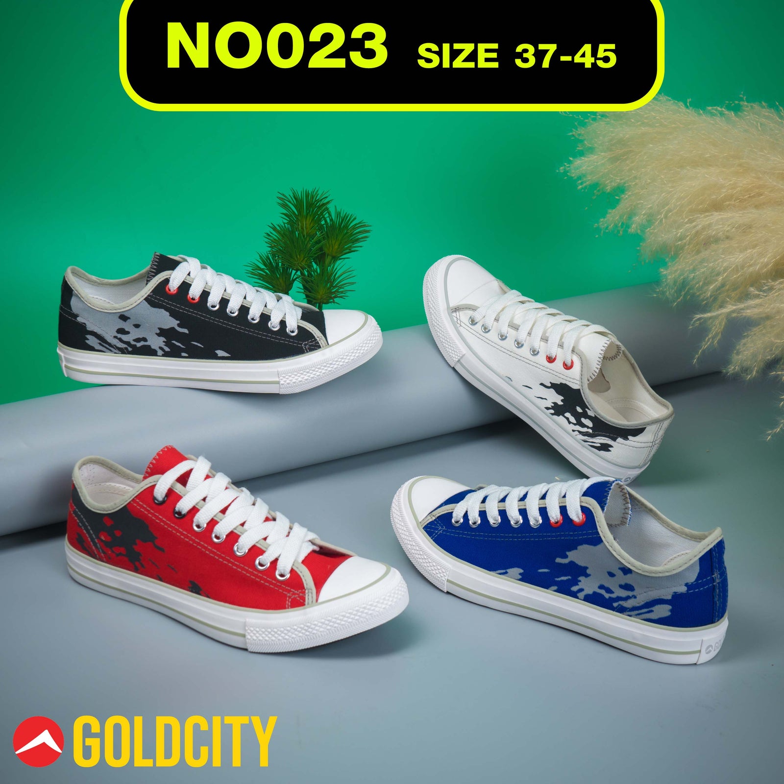 รองเท้าผ้าใบ รุ่น NO023 วางเรียงกัน 3 คู่ โชว์ดีไซน์ลายสุดเท่ห์ สีดำเทา สีแดงดำ สีชาวดำ สีน้ำเงิ นเทา มุมมองด้านข้าง