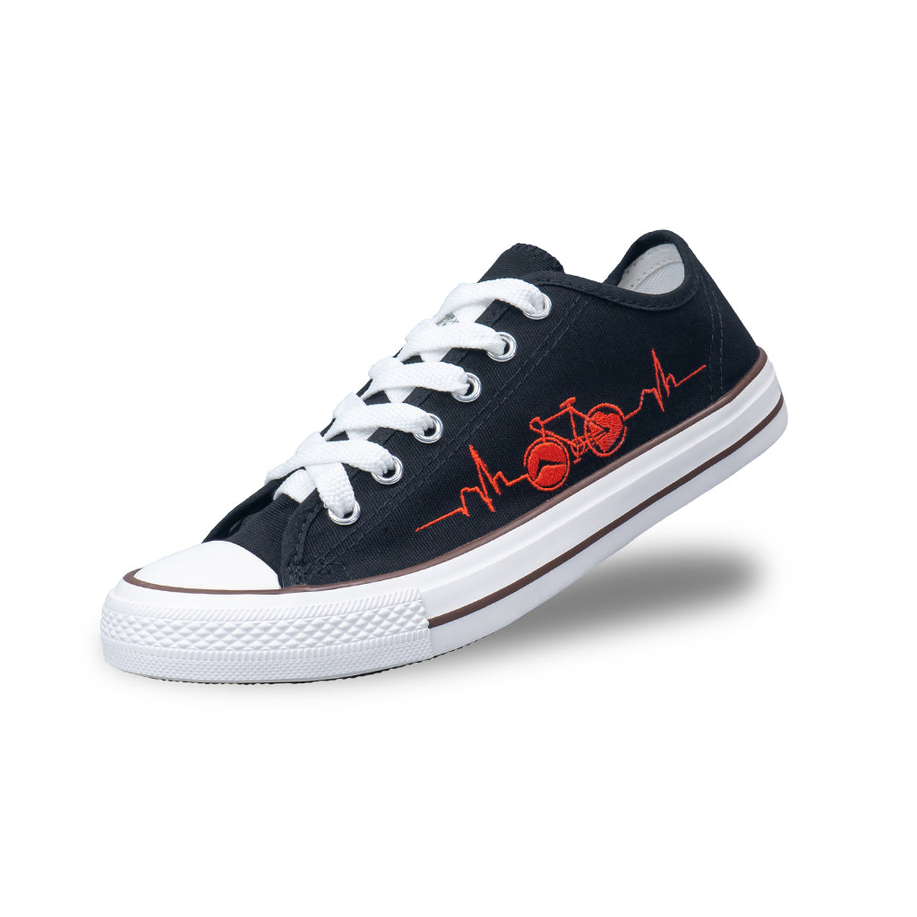 รองเท้าผ้าใบ รองเท้าผ้าใบผูกเชือก รองเท้าผ้าใบผูกเชือกผู้ชาย รองเท้าผ้าใบผูกเชือกผู้หญิงสีดำ ลายจักรยานสุดเท่ห์ นุ่ม เบา ใส่สบาย