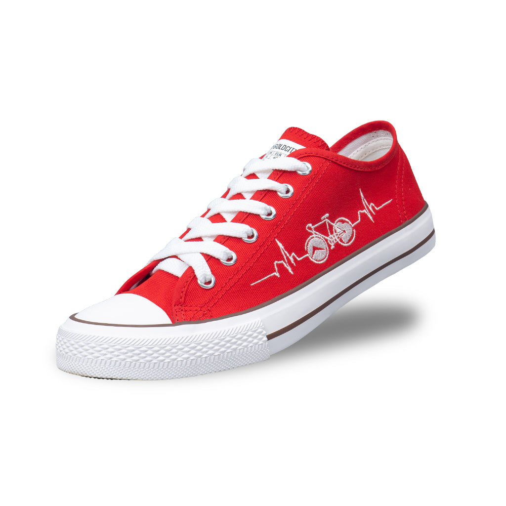 รองเท้าผ้าใบ รองเท้าผ้าใบผูกเชือก รองเท้าผ้าใบผูกเชือกผู้ชาย รองเท้าผ้าใบผูกเชือกผู้หญิงสีแดง ลายจักรยานสุดเท่ห์ นุ่ม เบา ใส่สบาย