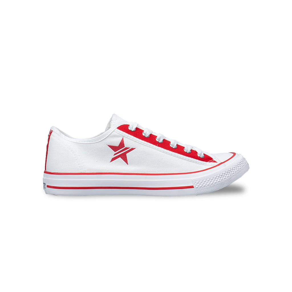 รองเท้าผ้าใบ รองเท้าผ้าใบผูกเชือก รองเท้าผ้าใบผูกเชือกผู้ชาย รองเท้าผ้าใบผูกเชือกผู้หญิงสีขาว/แดง ลายดาวสุดเท่ห์ นุ่น เบา ใส่สบาย