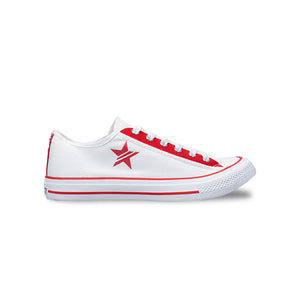 รองเท้าผ้าใบ รองเท้าผ้าใบผูกเชือก รองเท้าผ้าใบผูกเชือกผู้ชาย รองเท้าผ้าใบผูกเชือกผู้หญิงสีขาว/แดง ลายดาวสุดเท่ห์ นุ่น เบา ใส่สบาย