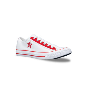 รองเท้าผ้าใบ รองเท้าผ้าใบผูกเชือก รองเท้าผ้าใบผูกเชือกผู้ชาย รองเท้าผ้าใบผูกเชือกผู้หญิงสีขาว/แดง ลายดาวสุดเท่ห์ นุ่น เบา ใส่สบาย