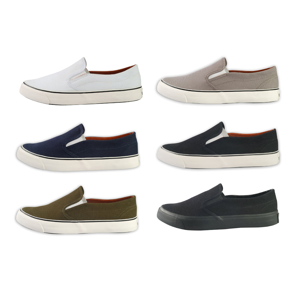 รองเท้าผ้าใบสลิปออน รุ่น NS011หลากหลายสีโชว์หน้าผ้าแคนวาส เส้นคาดขอบยาง และกิมมิคขอบบุนวมข้อเท้าสีน้ำตาล มุมมองด้านข้าง