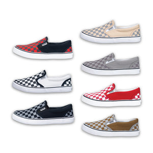 รองเท้าผ้าใบ รองเท้าผ้าใบสลิปออนผู้ชายสีแดง/ดำ,ดำ/ขาว,เทา/ดำ,เทา/เบจ,เทา/เทา,แดง/แดง,เทา/เขีวยขี้ม้า ลายตารางสุดเทห์ ขอบนุ่ม ใส่สบาย