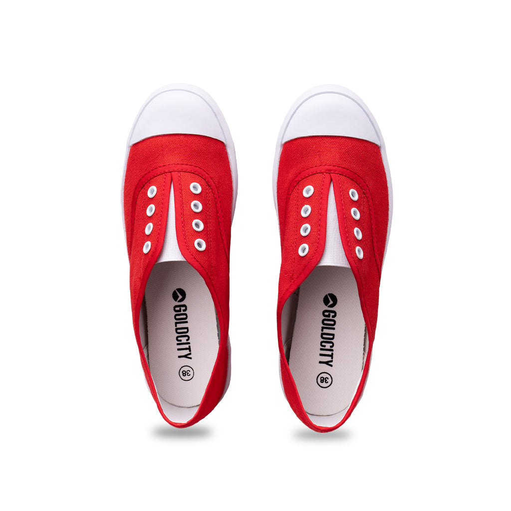 รองเท้าผ้าใบ รองเท้าผ้าใบแบบสวม รองเท้าผ้าใบแบบสวมผู้หญิงสีแดง ดีไซน์ยางยืด สวมง่าย นุ่มสบาย