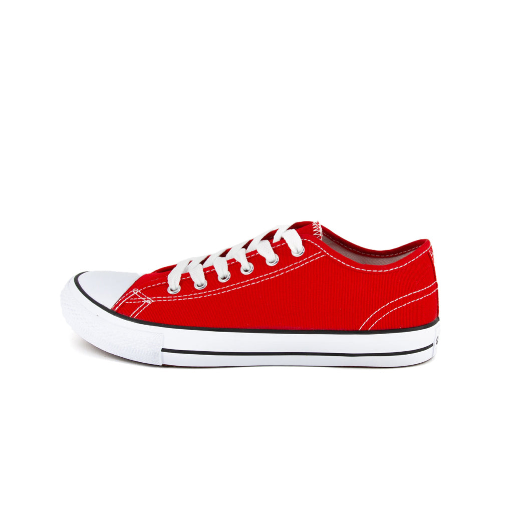 รองเท้าผ้าใบแฟชั่น รุ่น 1207 สีแดง โชว์หน้าผ้าแคนวาสและเส้นคาดขอบยางสุดคลาสสิก มุมมองด้านข้าง
