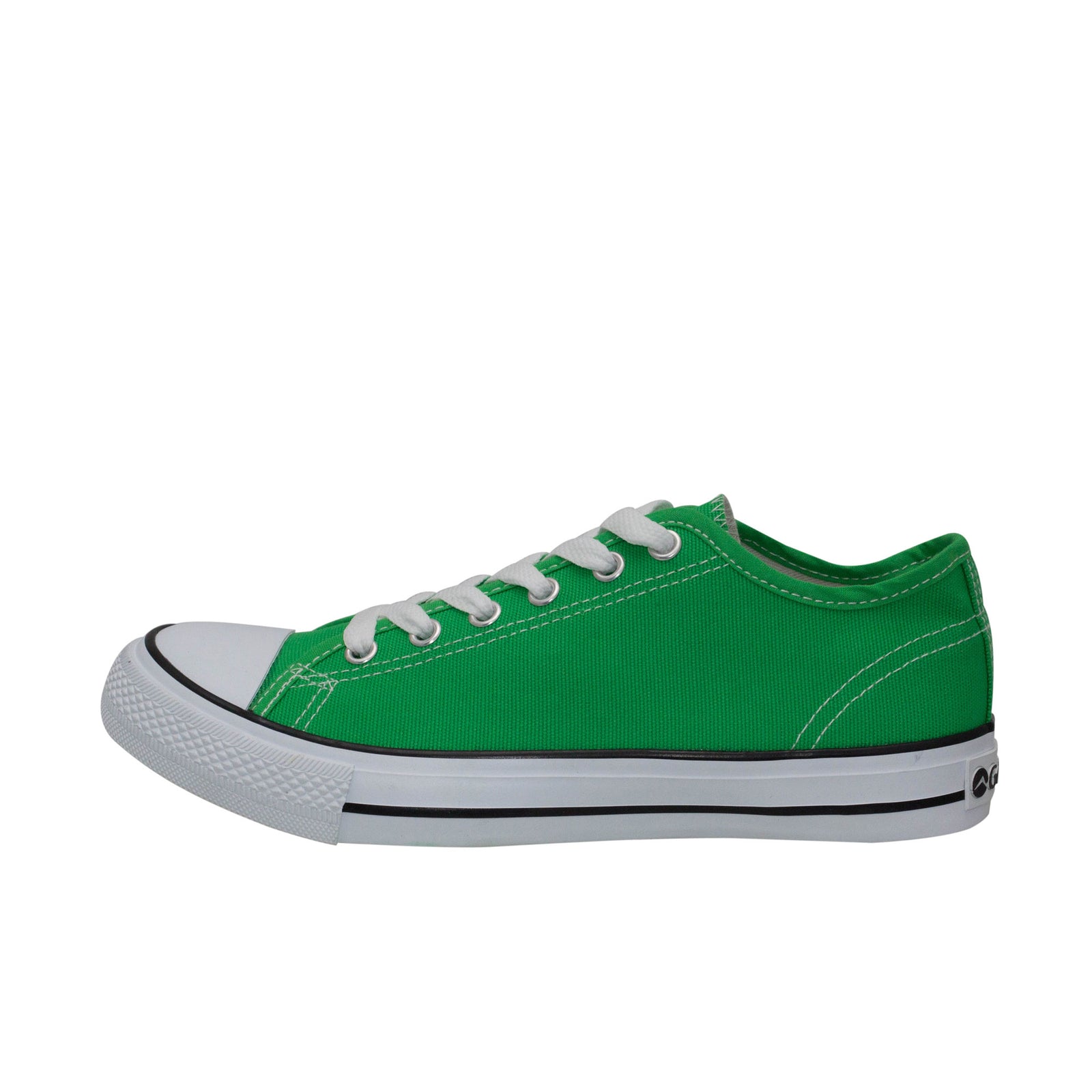 รองเท้าผ้าใบแฟชั่น รุ่น 1207 สีเขียว โชว์หน้าผ้าแคนวาสและเส้นคาดขอบยางสุดคลาสสิก มุมมองด้านข้าง