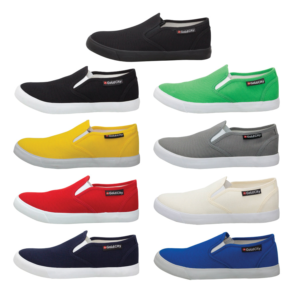 รองเท้าผ้าใบ รุ่น SV002 วางเรียงกัน 3 คู่ โชว์ดีไซน์กุ๊นขอบ สีครีม,เทา,เขียว,เขียวขี้ม้า,เหลือง,แดง,น้ำเงิน,กรม,ดำ,ดำ/ดำ มุมมองด้านข้าง