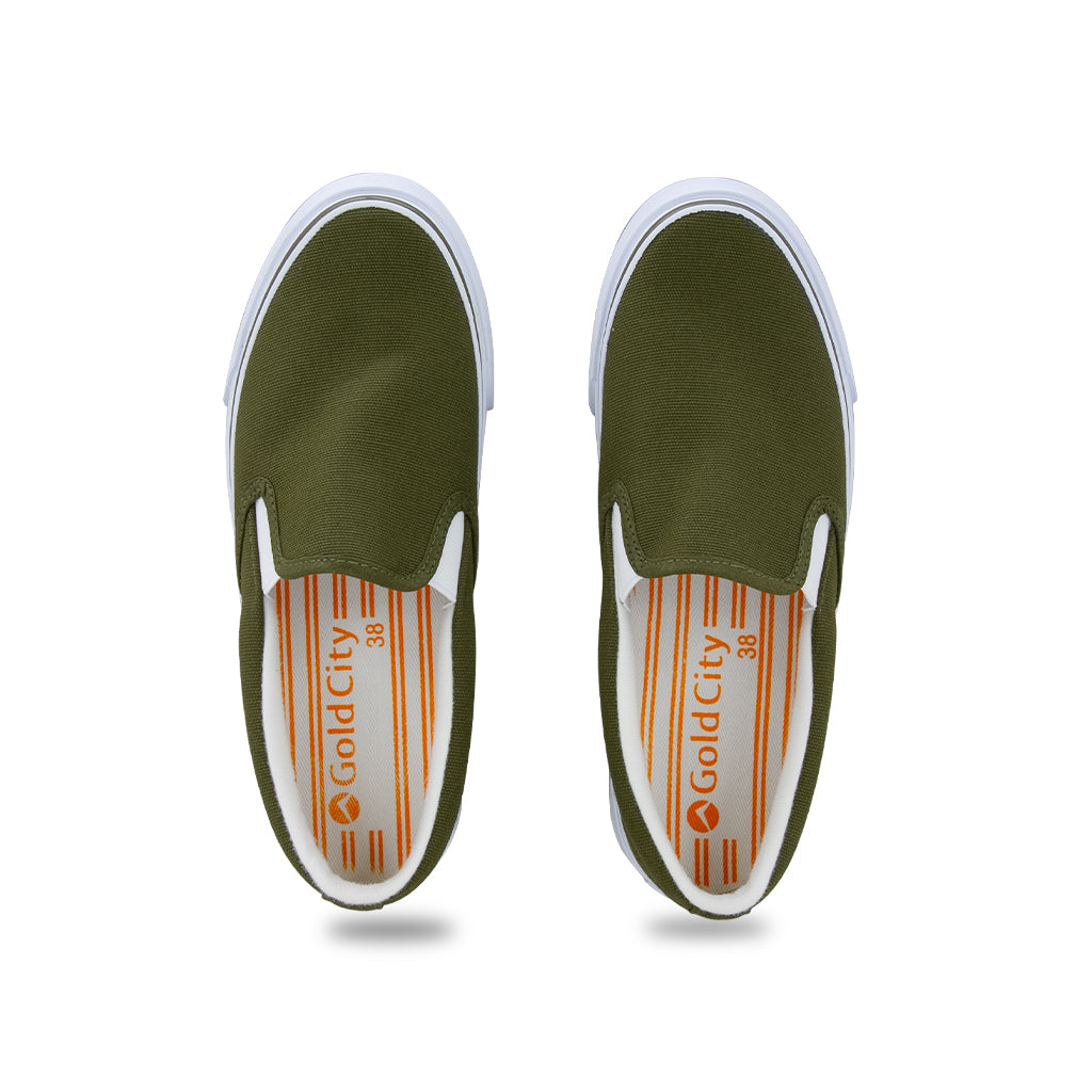 รองเท้าผ้าใบ รองเท้าสลิปออน รองเท้าผ้าใบสลิปออนผู้ชาย รองเท้าผ้าใบสลิปออนผู้หญิงสีเขียวขี้ม้า ขอบนุ่ม ใส่สบาย ไม่กัดเท้า