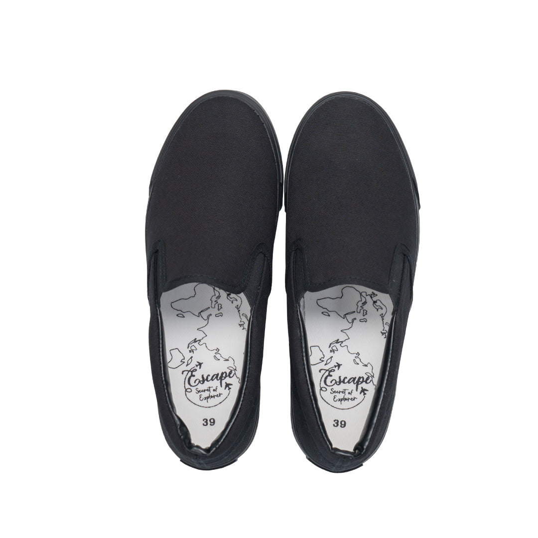 รองเท้าผ้าใบ รองเท้าสลิปออน รองเท้าผ้าใบสลิปออนผู้ชาย รองเท้าผ้าใบสลิปออนผู้หญิงสีดำ/ดำ ขอบนุ่ม น้ำหนักเบา ใส่สบาย 