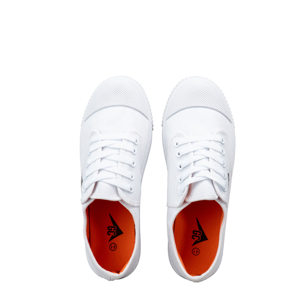 รองเท้าผ้าใบนักเรียน รุ่น FC001 สีขาว มุมมองด้านบน โชว์แผ่นรองพื้นด้านใน