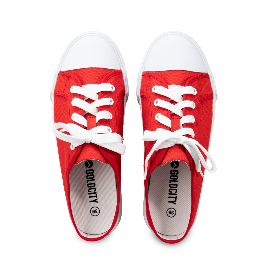 รองเท้าผ้าใบ รองเท้าผ้าใบเปิดส้น รองเท้าผ้าใบเปิดส้นผู้หญิงสีแดง นุ่ม ใส่สบาย ระบายอากาศ 