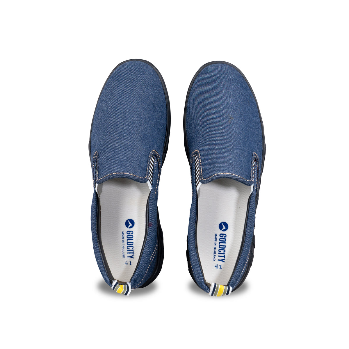 รองเท้าผ้าใบ รองเท้าผ้าใบสลิปออนผู้ชายสีน้ำเงิน ลายยีนส์สุดชิค น้ำหนักเบา พื้นยางพาราแท้ ร้อยปุ่ม ไม่ลื่น