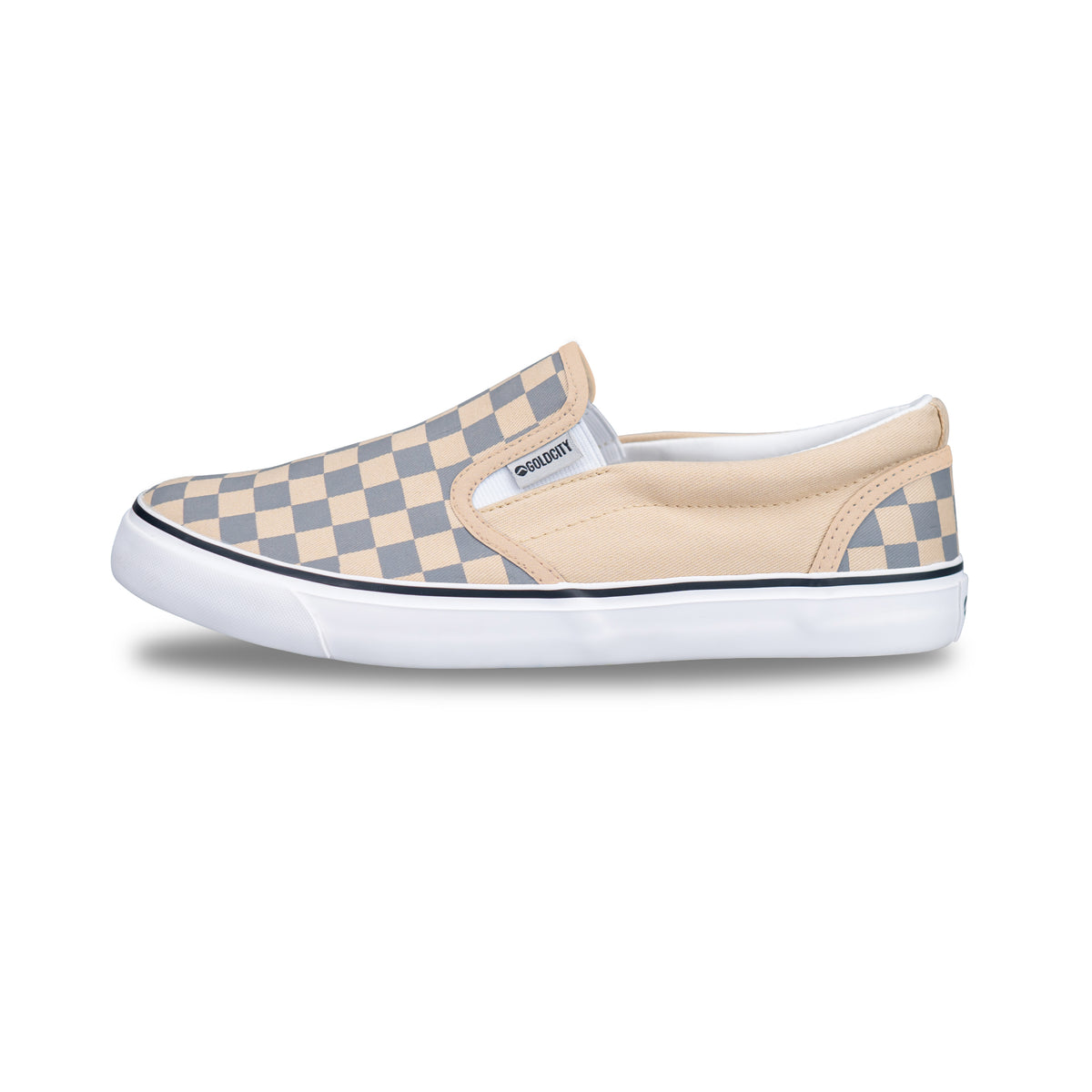 รองเท้าผ้าใบ รองเท้าผ้าใบสลิปออนผู้ชายสีเทา/เบจ ลายตารางสุดเทห์ ขอบนุ่ม ใส่สบาย