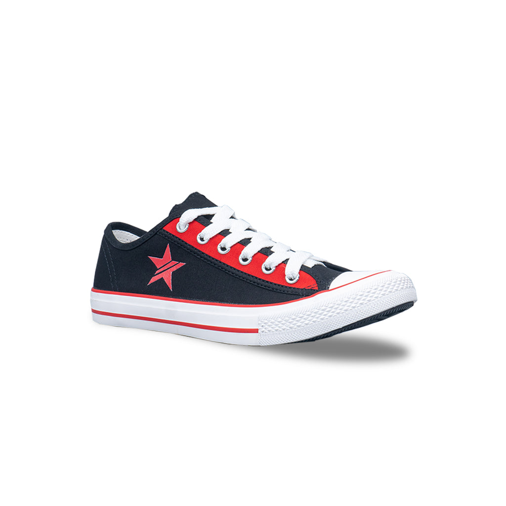 รองเท้าผ้าใบ รองเท้าผ้าใบผูกเชือก รองเท้าผ้าใบผูกเชือกผู้ชาย รองเท้าผ้าใบผูกเชือกผู้หญิงสีดำ/แดง ลายดาวสุดเท่ห์ นุ่น เบา ใส่สบาย 