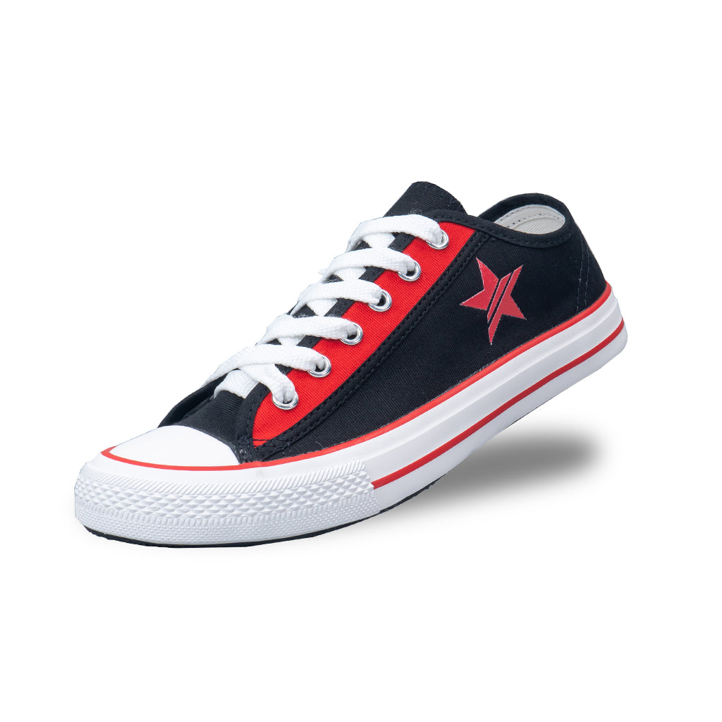 รองเท้าผ้าใบ รองเท้าผ้าใบผูกเชือก รองเท้าผ้าใบผูกเชือกผู้ชาย รองเท้าผ้าใบผูกเชือกผู้หญิงสีดำ/แดง ลายดาวสุดเท่ห์ นุ่น เบา ใส่สบาย 