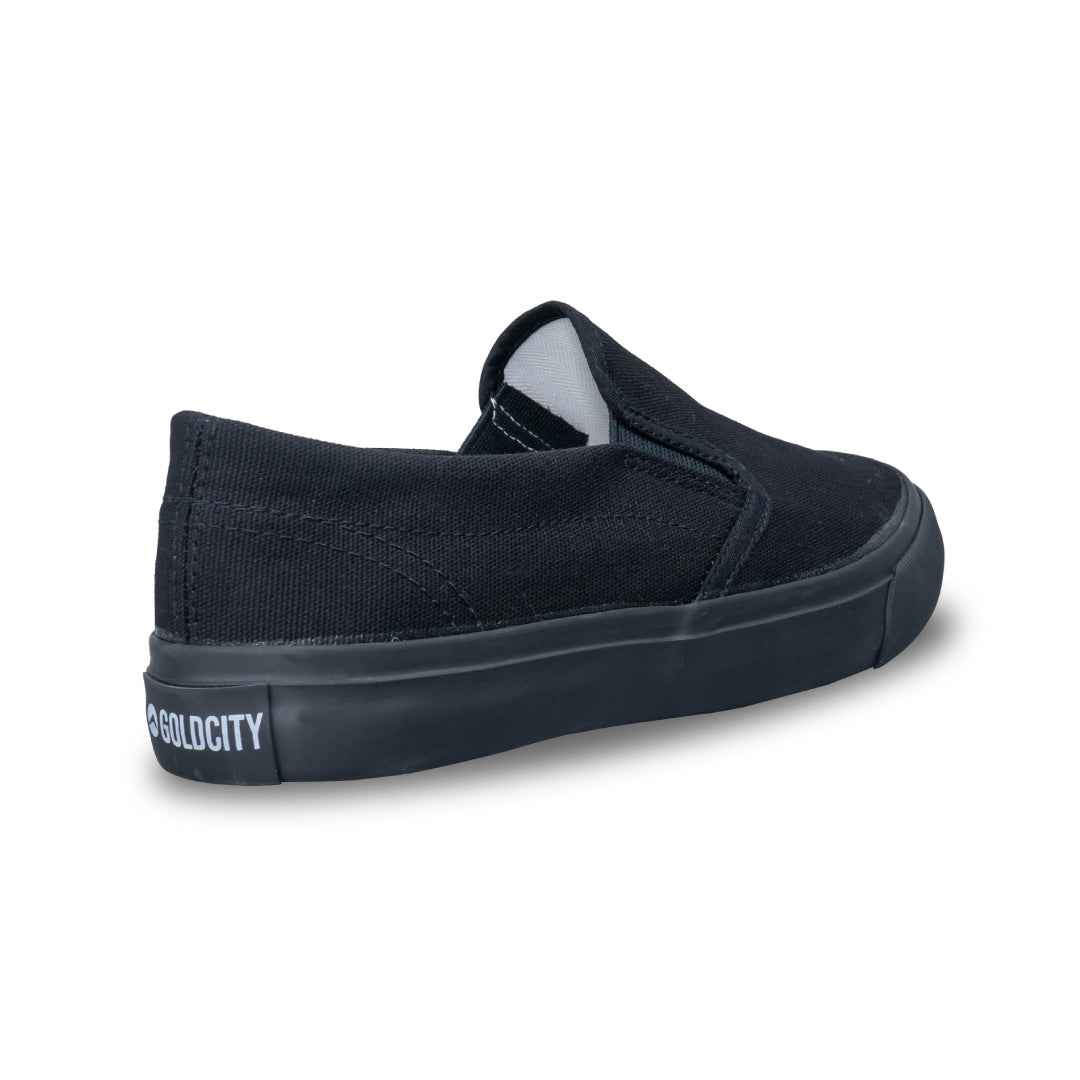 รองเท้าผ้าใบ รองเท้าผ้าใบสลิปออนผู้หญิงสีดำ/ดำ มีขอบบุนวมสีน้ำตาล ไม่กัดท้าย น้ำหนักเบา สวมใส่ง่าย