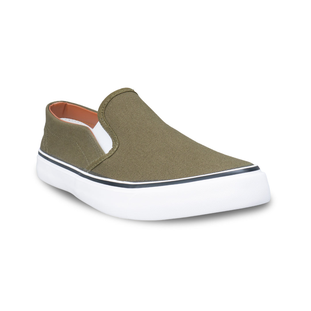 รองเท้าผ้าใบ รองเท้าผ้าใบสลิปออนผู้หญิงสีเขียวขี้ม้า มีขอบบุนวมสีน้ำตาล ไม่กัดท้าย น้ำหนักเบา สวมใส่ง่าย