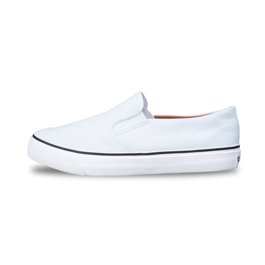 รองเท้าผ้าใบ รองเท้าผ้าใบสลิปออนผู้หญิงสีขาว มีขอบบุนวมสีน้ำตาล ไม่กัดท้าย น้ำหนักเบา สวมใส่ง่าย
