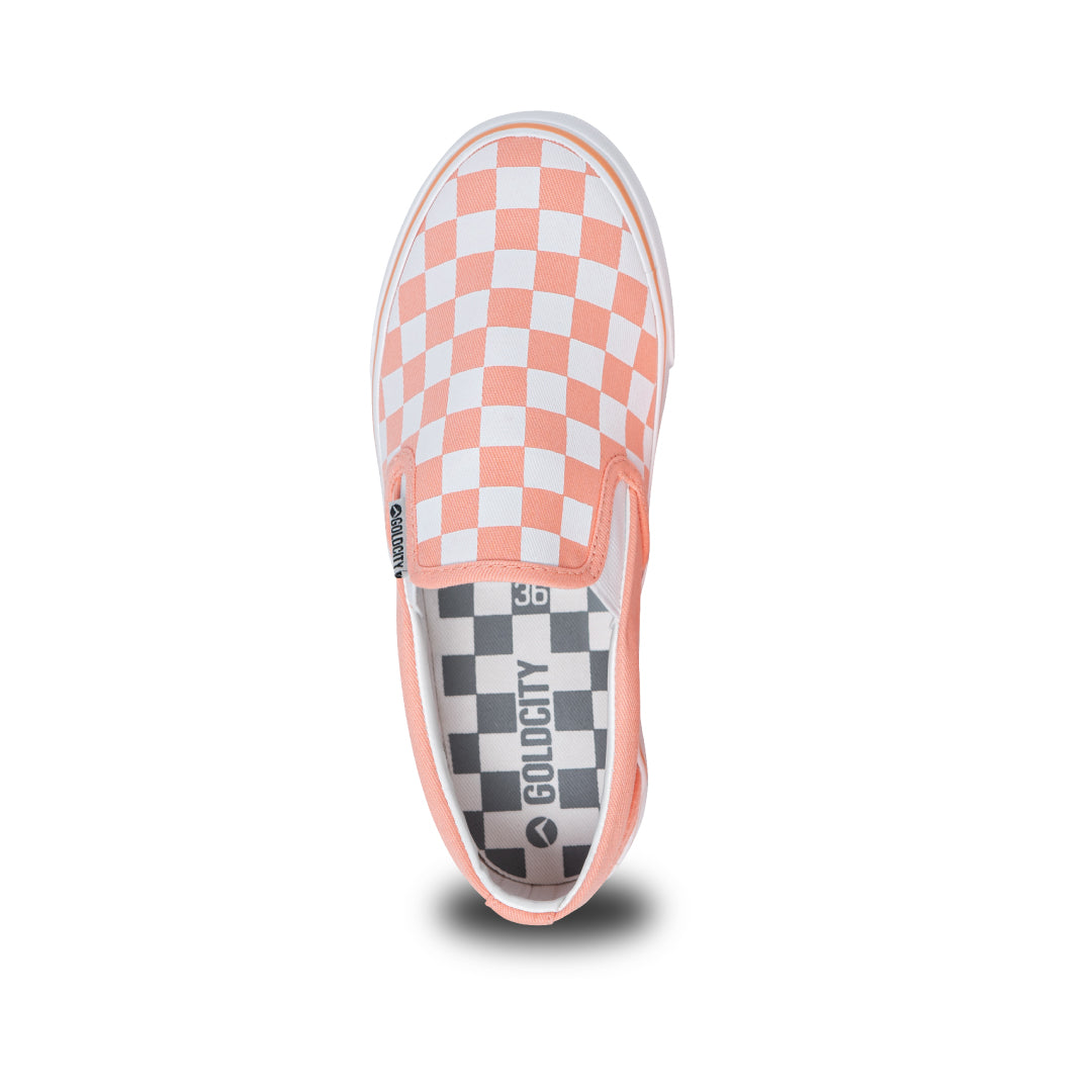 รองเท้าผ้าใบ รองเท้าผ้าใบสลิปออน รองเท้าผ้าใบสลิปออนผู้หญิงสีส้ม/ขาว ลายตารางสดใส ขอบนุ่ม ใส่สบาย