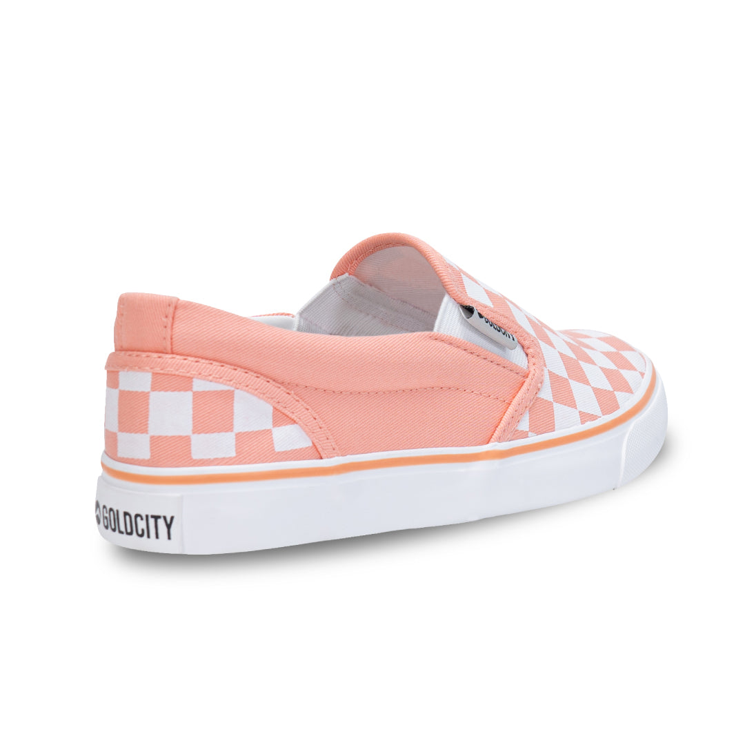 รองเท้าผ้าใบ รองเท้าผ้าใบสลิปออน รองเท้าผ้าใบสลิปออนผู้หญิงสีส้ม/ขาว ลายตารางสดใส ขอบนุ่ม ใส่สบาย