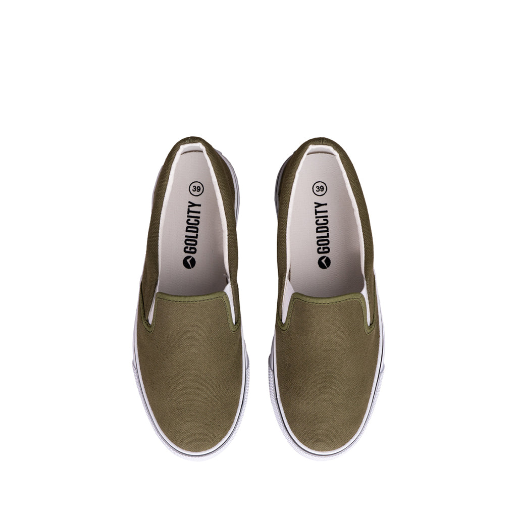 รองเท้าผ้าใบ รองเท้าสลิปออน รองเท้าผ้าใบสลิปออนผู้ชาย รองเท้าผ้าใบสลิปออนผู้หญิงสีเขียวขี้ม้า ขอบนุ่ม พื้นหนึบ ใส่สบาย 