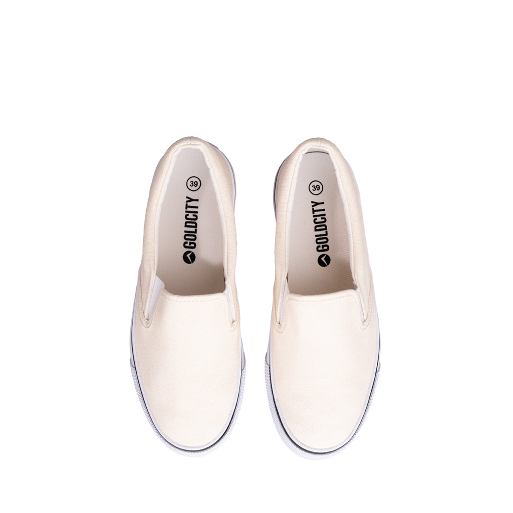 รองเท้าผ้าใบ รองเท้าสลิปออน รองเท้าผ้าใบสลิปออนผู้ชาย รองเท้าผ้าใบสลิปออนผู้หญิงสีครีม ขอบนุ่ม พื้นหนึบ ใส่สบาย 