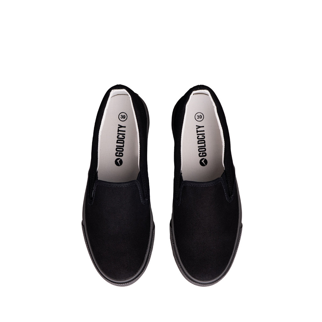 รองเท้าผ้าใบ รองเท้าสลิปออน รองเท้าผ้าใบสลิปออนผู้ชาย รองเท้าผ้าใบสลิปออนผู้หญิงสีดำ/ดำ ขอบนุ่ม พื้นหนึบ ใส่สบาย