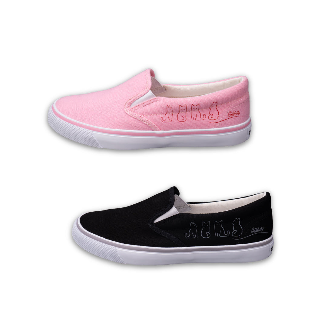 รองเท้าผ้าใบ รองเท้าผ้าใบสลิปออน รองเท้าผ้าใบสลิปออนผู้หญิงสีดำ สีชมพู ลายแมวสุดน่ารัก ใส่สบาย