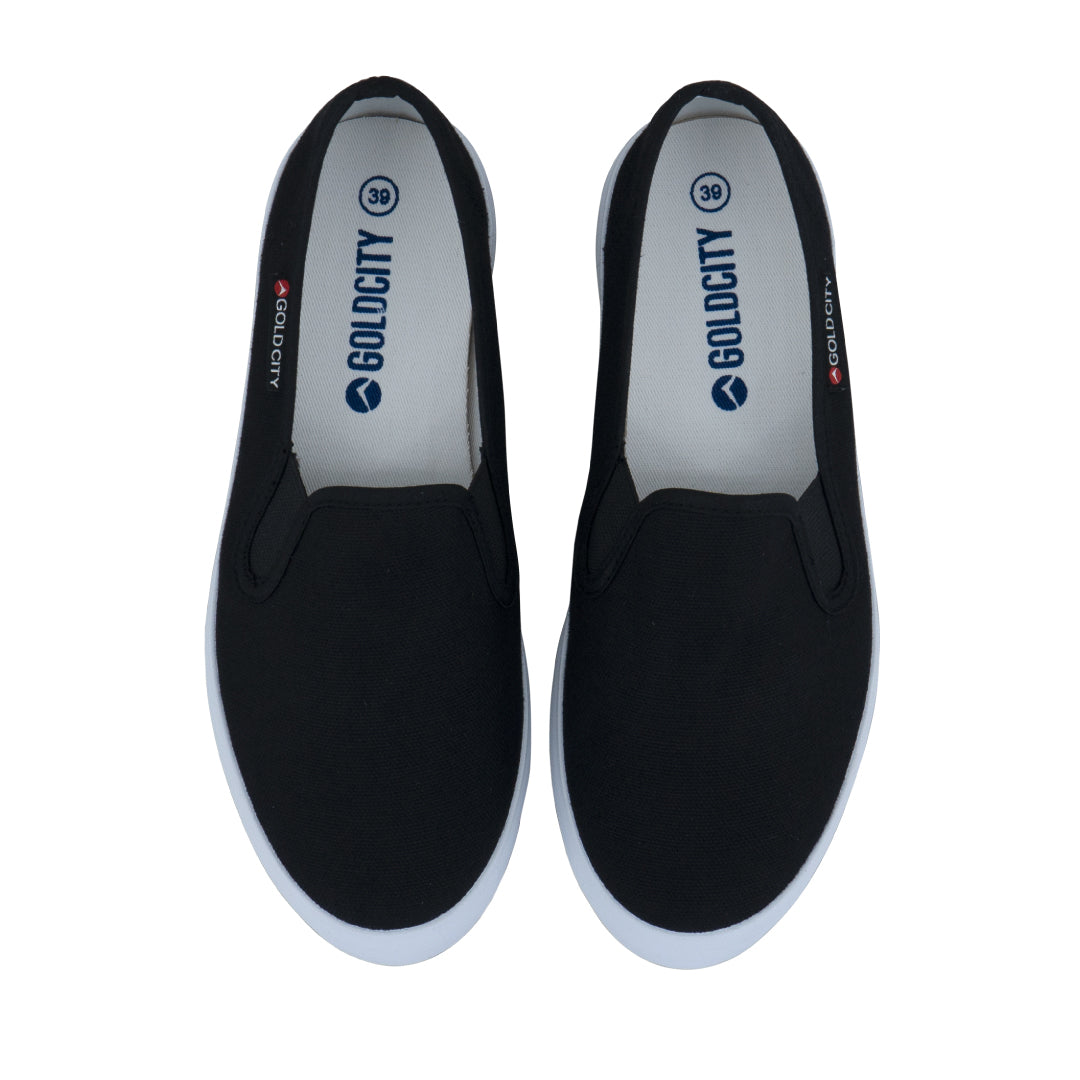 รองเท้าผ้าใบ รองเท้าผ้าใบสลิปออน รองเท้าผ้าใบสลิปออนผู้หญิงสีดำ เรียบง่าย นุ่มสบาย 