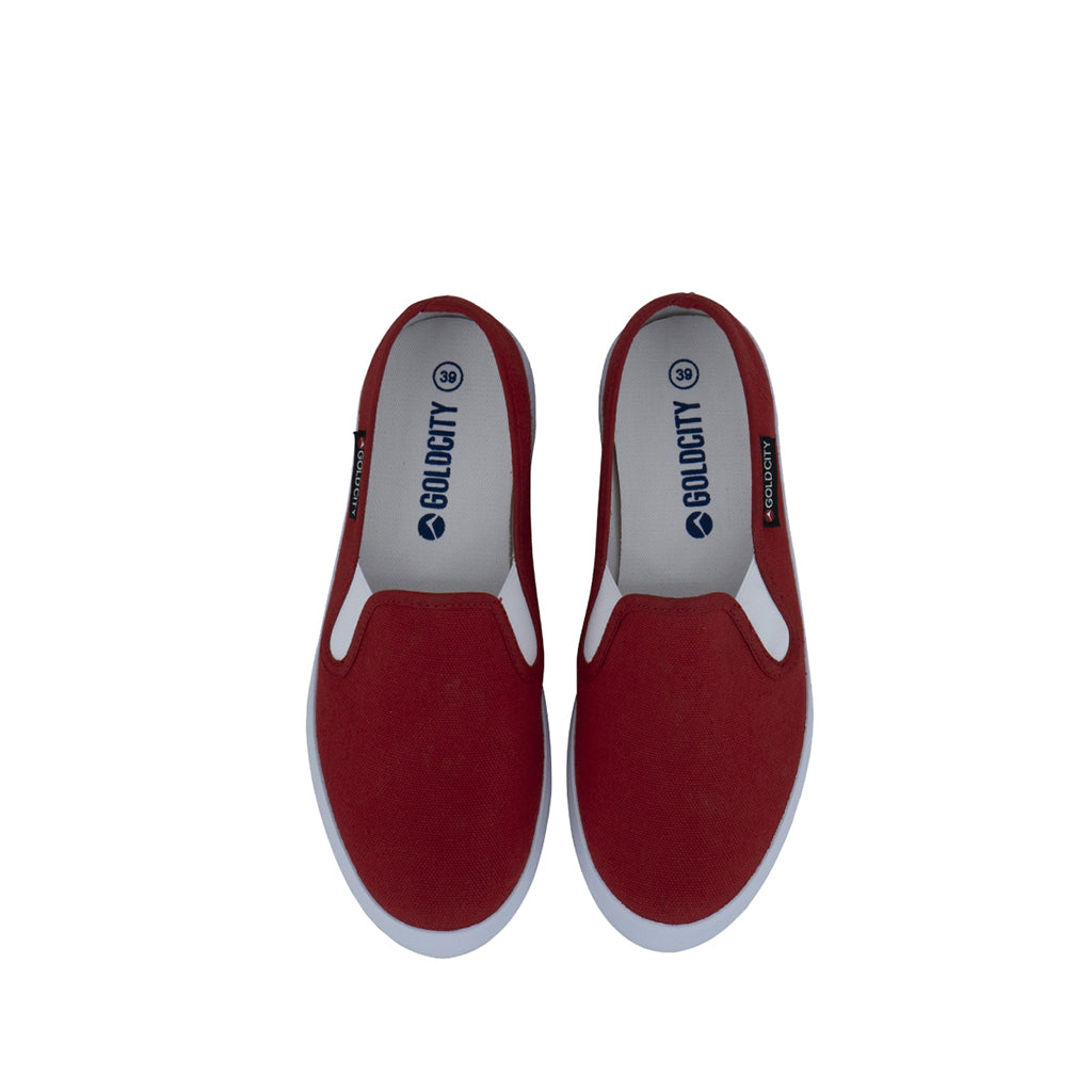 รองเท้าผ้าใบ รองเท้าผ้าใบสลิปออน รองเท้าผ้าใบสลิปออนผู้หญิงสีแดง เรียบง่าย นุ่มสบาย 