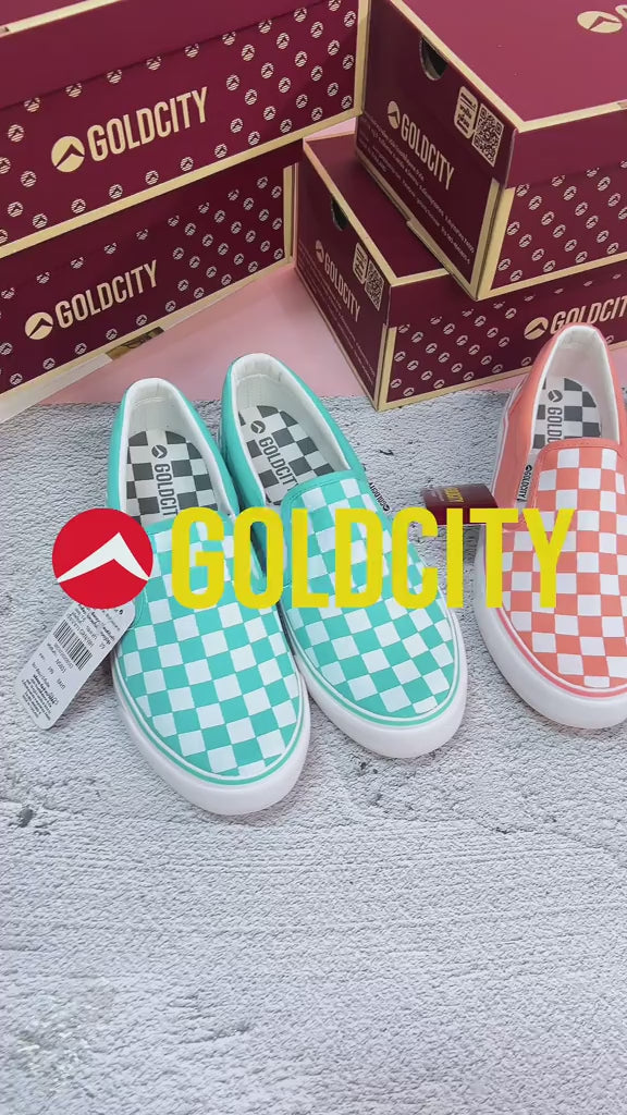 รองเท้าผ้าใบ รองเท้าผ้าใบสลิปออน รองเท้าผ้าใบสลิปออนผู้หญิงสีเขียว/ขาว,ส้ม/ขาว,ฟ้า/ขาว ลายตารางสดใส ขอบนุ่ม ใส่สบาย